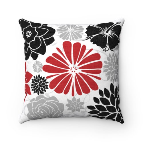 Red Black and Gray Flower Throw Pillow Covers Red Pillow Etsy