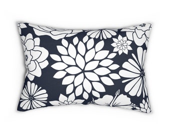 Blue Floral Lumbar Pillow, Decorative Flower Burst Back Support Rectangle 14x20 Pillow - LBR37