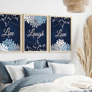 Blue Wall Art Prints or Canvas, Set of 3 Navy Floral Live Laugh Love Bathroom Bedroom Decor Prints - HOME889