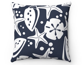 Outdoor Throw Pillow Seashell Beach House Decor, Blue Ocean Themed Porch Patio Pillow - OPIL308