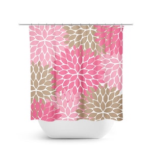 Pink and Beige Shower Curtain, Floral Bath Curtain, Pink Bathroom, Fabric Shower Curtain, Girls Bathroom Decor, Coral Bathroom - SHOWER188