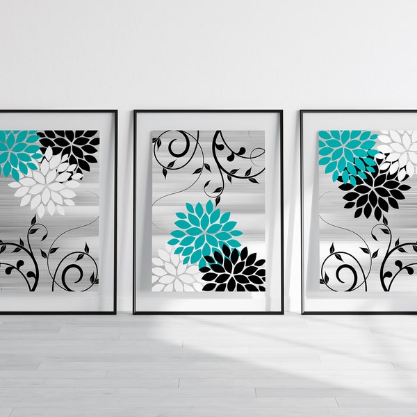 Black and Teal Wall Decor, Flower Burst & Scroll Art, Bathroom Wall Art Prints or Canvas, Turquoise Bedroom Wall Decor - HOME885