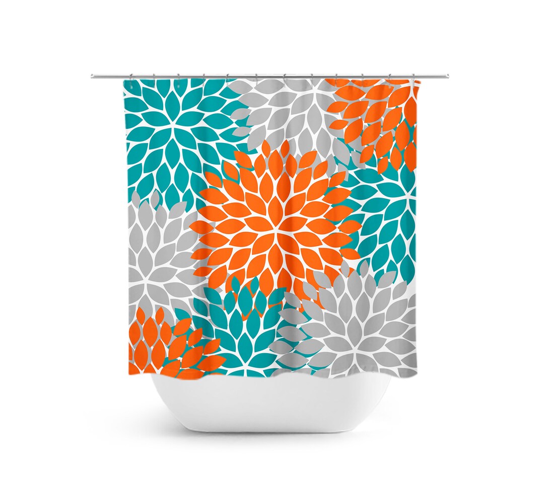 Orange and Teal Floral Shower Curtain, Aqua and Orange Bath Curtain