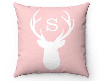 Monogram Decorative Pillow, Mountain Cabin Decor, Pink Buck Deer Head Antlers Pillow Cover, Mountain Accent Pillows, Pillow Cover - PIL143