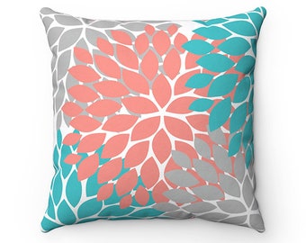 Coral and Turquoise Pillow Covers, Flower Burst Pillow Cover, Throw Pillow Cover, Accent Pillow, Modern Home Decor, Nursery Pillow - PIL33