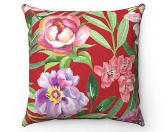 Red Floral Pillow, Botanical Throw Pillow Cover, Colorful Pink Flower Pillow, Girls Pillow, Accent Pillow, Tropical Decor - PIL365