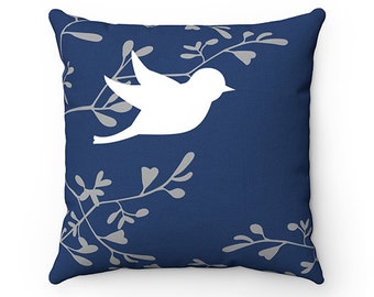 Blue Throw Pillow Cover, Love Birds Pillow Cover, Birds and Branches Accent Pillow, Blue Bedroom Decor, Modern Home Decor - PIL138