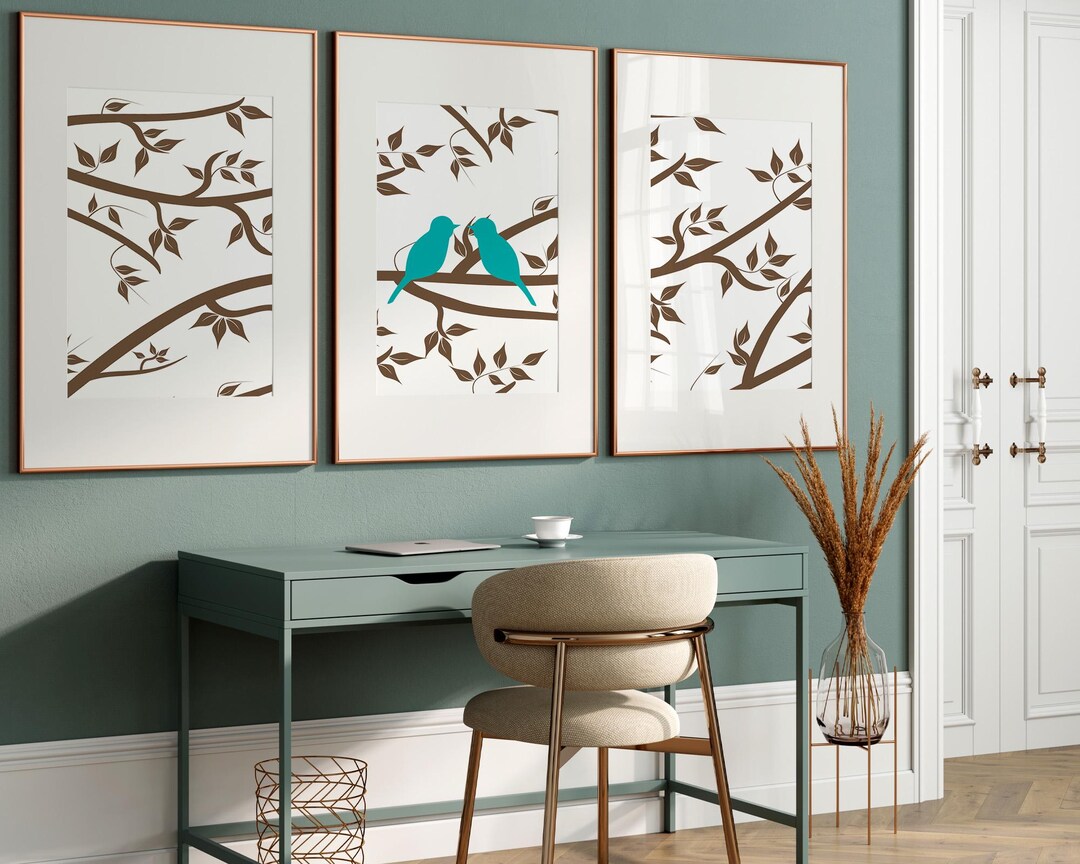 Turquoise Teal Birds Wall Art Set of 3, Brown Tree Branch Nature