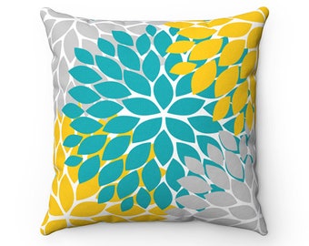 OUTDOOR PILLOW, Yellow Aqua Blue Gray Floral Pillow, Outdoor Accent Pillow, Porch Pillow, Patio Pillow - OPIL64