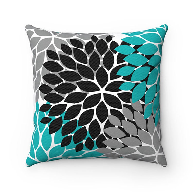 Throw Pillow Cover Teal Black Gray Flower Burst Pillow Etsy