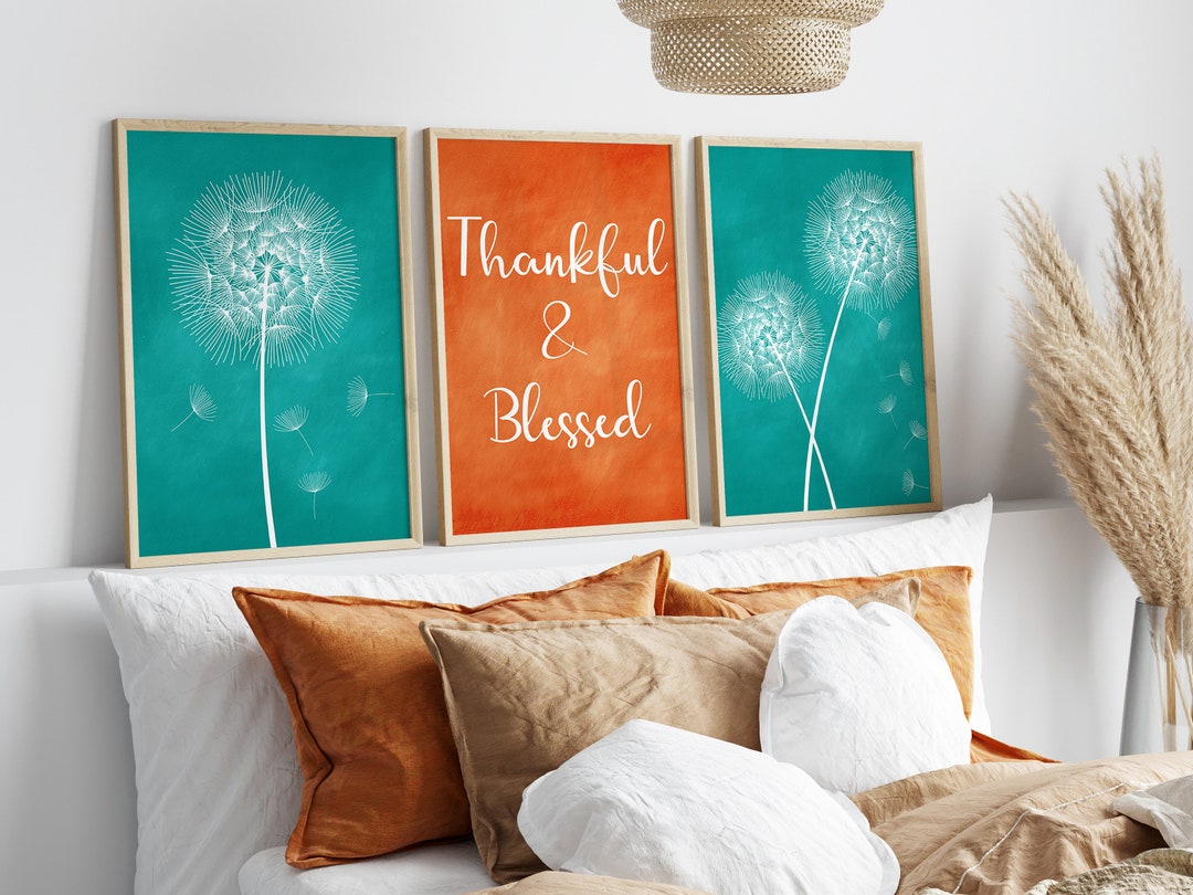 Teal Orange Wall Art Set of 3 Prints, Dandelion Canvas Gallery Wall Set