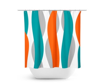Abstract Shower Curtain, Orange and Teal Shower Curtain, Abstract Ribbon Orange Bathroom Decor, Abstract Wave Shower Curtain - SHOWER128