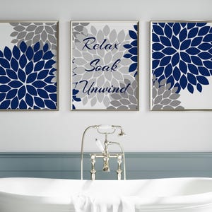 Bathroom CANVAS or PRINTS Wall Art, Relax Soak Unwind, Navy Grey Bathroom Decor, Modern Bathroom Art, Set of 3 Framed Art Prints - BATH68