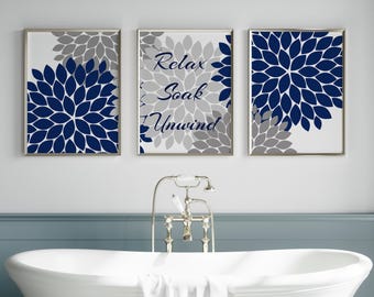 Bathroom CANVAS or PRINTS Wall Art, Relax Soak Unwind, Navy Grey Bathroom Decor, Modern Bathroom Art, Set of 3 Framed Art Prints - BATH68