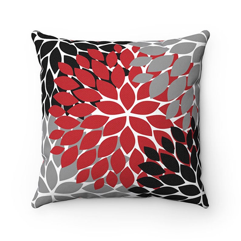 Red Black and Gray Flower Throw Pillow Covers Red Pillow Etsy