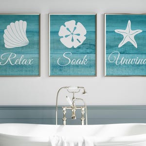 Aqua Bathroom CANVAS, Relax Soak Unwind, Rustic Bathroom Decor, Sea Shells, Beach House Bathroom, Sand Dollar, Starfish Art - BATH218