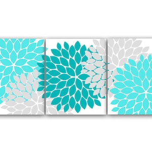 Home Decor CANVAS or PRINTS, Home Decor Wall Art, Aqua and Gray Flower Burst Art, Bathroom Wall Decor, Teal Bedroom Decor HOME45 image 1