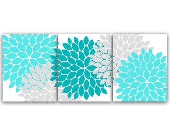 Home Decor CANVAS or PRINTS, Home Decor Wall Art, Aqua and Gray Flower Burst Art, Bathroom Wall Decor, Teal Bedroom Decor - HOME45