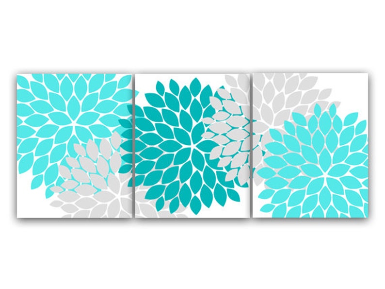 Home Decor CANVAS or PRINTS, Home Decor Wall Art, Aqua and Gray Flower Burst Art, Bathroom Wall Decor, Teal Bedroom Decor HOME45 image 1