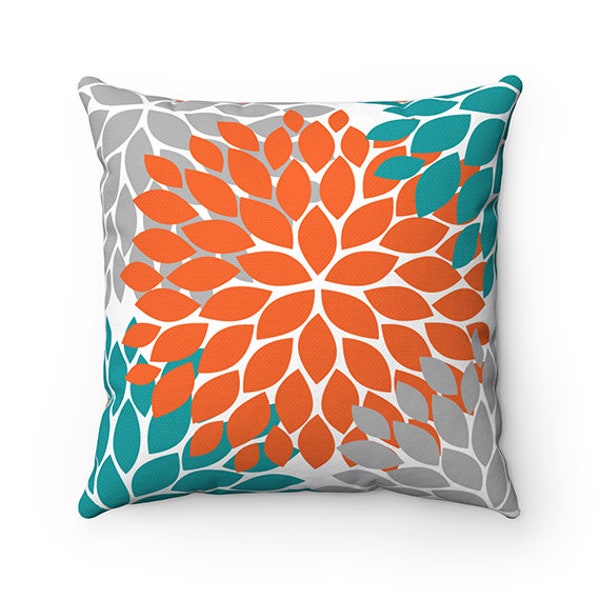 Orange and Teal Throw Pillow Cover, Turquoise Pillow, Orange Gray Floral Accent Pillow, Couch Cushion, Orange Turquoise Home Decor - PIL124