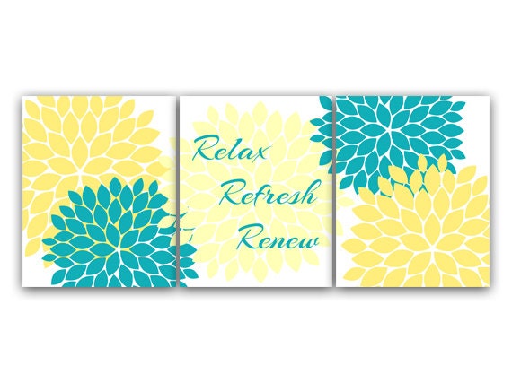 Bathroom CANVAS Wall Art, Relax Refresh Renew, Yellow and Turquoise  Bathroom Decor, Modern Bathroom Art, Set of 3 Bath Art Prints - BATH27