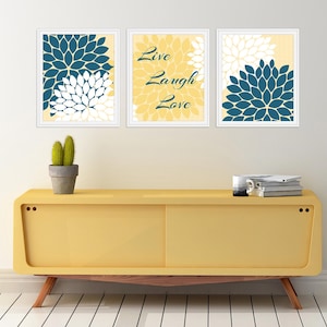Home Decor Wall Art CANVAS, Live Laugh Love, Yellow and Blue Art, Flower Burst Bathroom Wall Decor, Blue and Yellow Bedroom Decor - HOME30 image 3