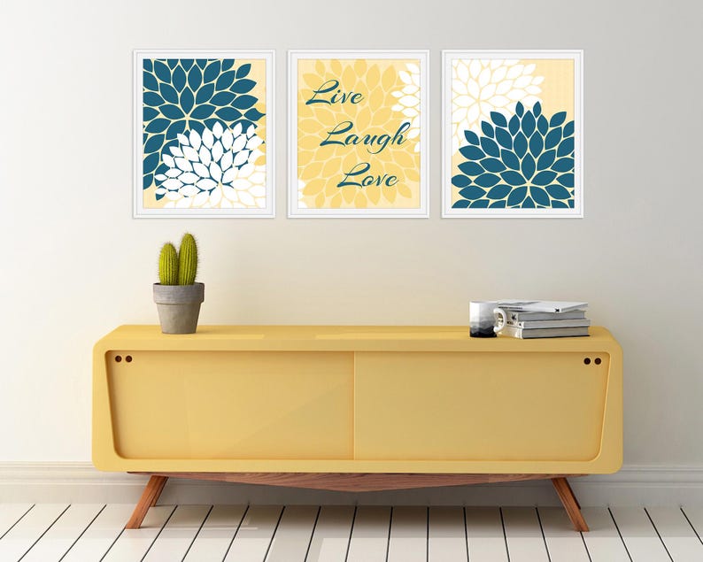 Home Decor Wall Art CANVAS, Live Laugh Love, Yellow and Blue Art, Flower Burst Bathroom Wall Decor, Blue and Yellow Bedroom Decor - HOME30 image 3