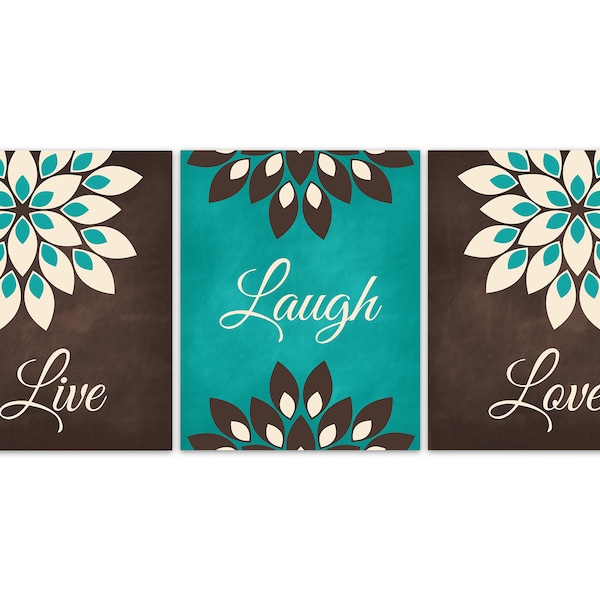 Live Laugh Love, Home Decor Wall Art Prints, Teal Flower Burst Decor, Rustic Bedroom Wall Art, Brown and Teal Decor - HOME768