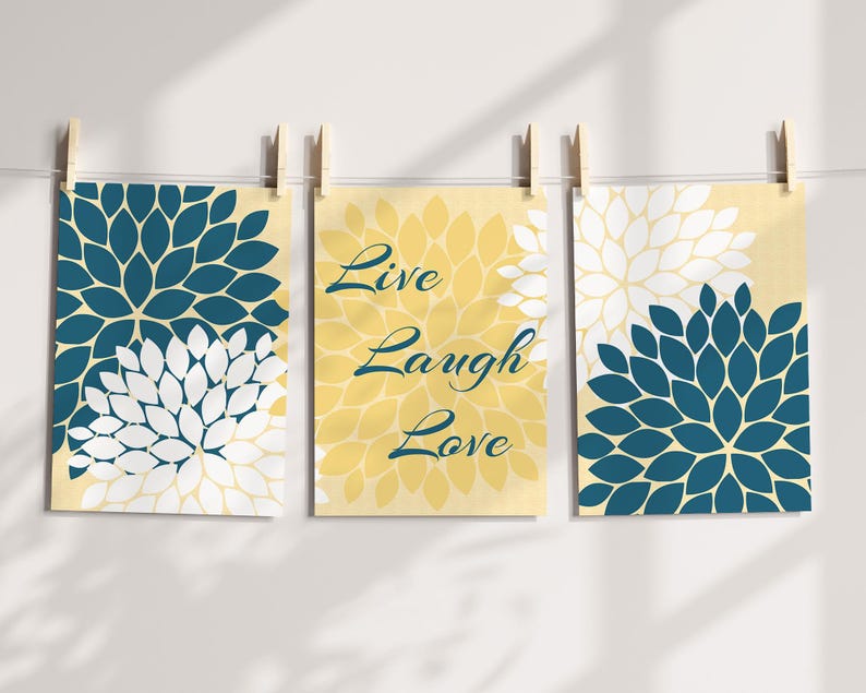 Home Decor Wall Art CANVAS, Live Laugh Love, Yellow and Blue Art, Flower Burst Bathroom Wall Decor, Blue and Yellow Bedroom Decor - HOME30 image 9
