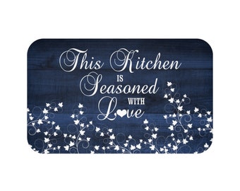 Blue Ivy Kitchen Floor Mat, This Kitchen Is Seasoned with Love, Blue Kitchen Decor, Memory Foam Farmhouse Kitchen Mat - MAT65