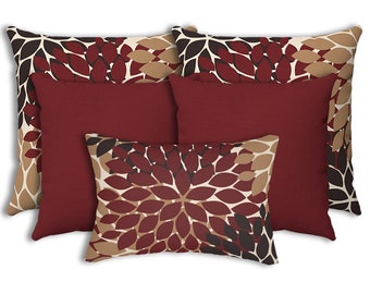 Burgundy Beige Throw Pillow Combo for Couch Bed Sofa, Set of 5 Matching Burgundy and Brown Floral Pattern Accent Pillows