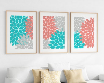 Home Decor CANVAS or Wall Art PRINTS, Coral and Teal Flower Burst Art, Bathroom Wall Decor, Coral Bedroom Decor, Nursery Wall Art - HOME58