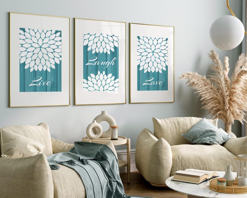 Teal Wall Art Prints Living Room Decoration, Aqua Farmhouse Decor ...
