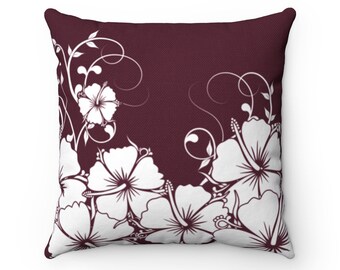 Burgundy Floral Pillow, Made in USA Hibiscus Throw Pillow Cover, Accent Pillow, Burgundy Home Decor, Burgundy Decorative Pillow - PIL332