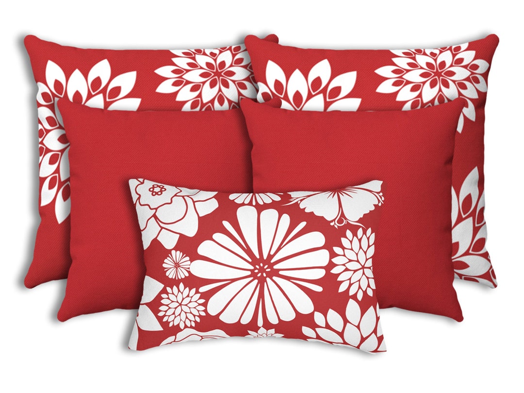 Red Flower Accent Pillow Combo for Couch Bed Sofa, Set of 5 Red and