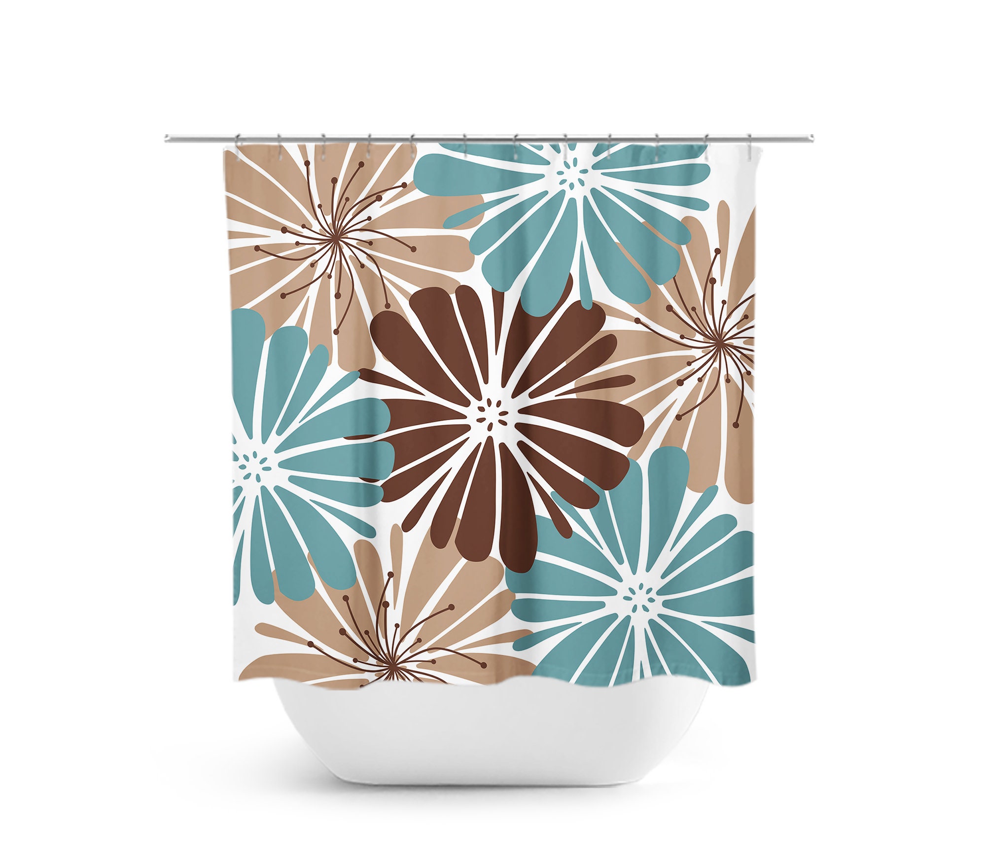 Teal and Brown Shower Curtain Slate Blue Floral Bath Curtain