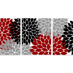 CANVAS Wall Art PRINTS, Home Decor Wall Art, Red Gray and Black Flower Burst Art, Bathroom Wall Decor, Red Bedroom Wall Art - HOME125