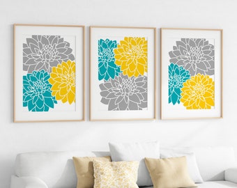 Yellow Blue Flower Burst Art, Home Decor Wall Art Canvas and Prints, Bathroom Wall Decor Framed Art, Aqua Yellow Bedroom Decor - HOME1138