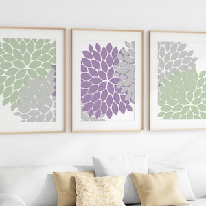 Home Decor Wall Art, Lavender Sage and Grey Flower Burst CANVAS Art, Bathroom Wall Decor, Sage Bedroom Decor, Nursery Framed Art - HOME163