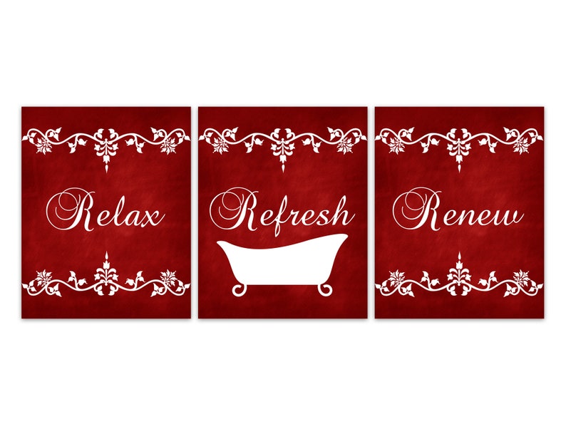 Bathroom CANVAS or PRINTS, Relax Refresh Renew, Red Bathroom Decor, Set of 3 Bathroom Pictures, Bathtub Art Scroll Design Art - BATH273 