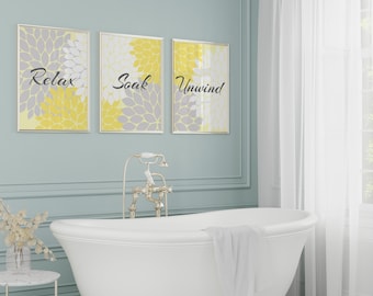 Relax Soak Unwind, Bathroom CANVAS Wall Art, Yellow and Gray Bathroom Decor, Modern Bathroom Art, Set of 3 Bath Art Framed Prints - BATH49