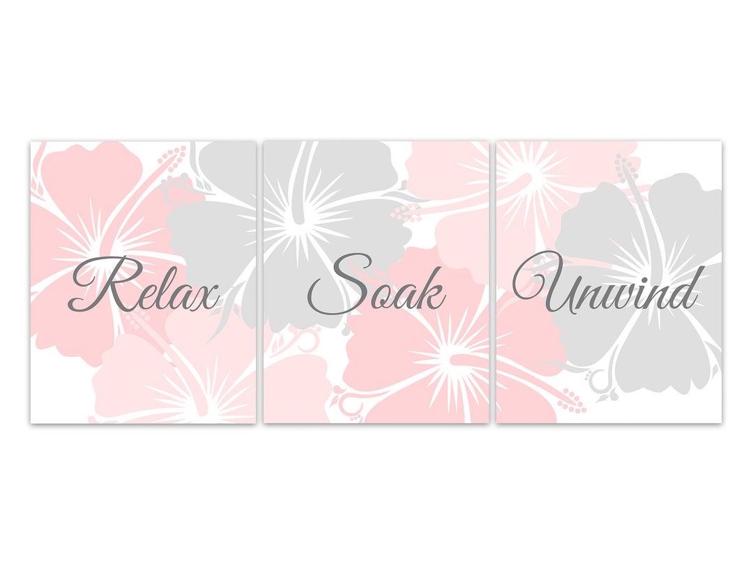 Pink and Gray Bathroom Wall Art Prints or Canvas, Relax Soak Unwind