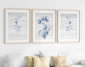 Blue Flower Prints, Soft Blue Decor, Flower Wall Art Prints, Farmhouse Decor, Farmhouse Bedroom Art, Blue Bathroom, Blue Bedroom - HOME802