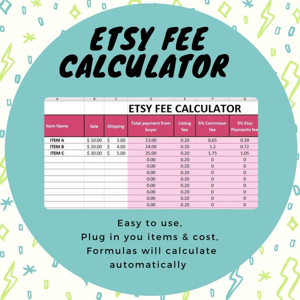 Etsy seller fees calculator excel download / US Etsy listing fees / Etsy profit calculator / Simple list, easy to use