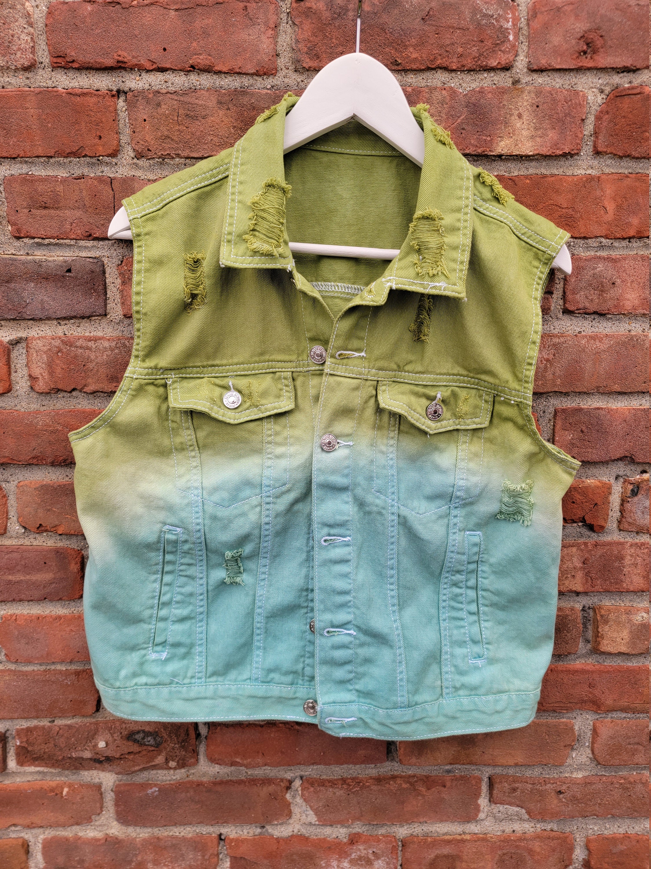 Denim Vest Hand Dyed Ombre Distressed Denim Vest Size Large