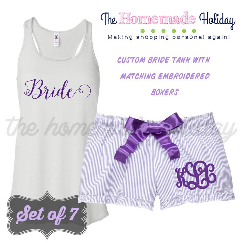 purple pajamas Set of 7 Bride to be Pajama set Personalized bridal pajamas embroidered boxers and personalized tank top pajamas