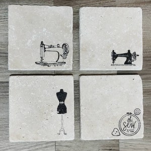 Natural Travertine stone tile coasters. Sewing machines, Mannequin, Oh sew happy.
