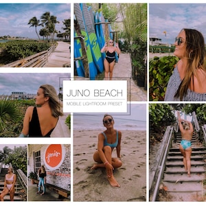 May include: A collage of images featuring a beach scene with people wearing swimwear, a wooden staircase, and a sign that reads "Juno Beach Mobile Lightroom Preset".