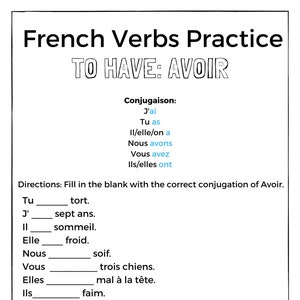 French Verbs Practice, Avoir, Printable