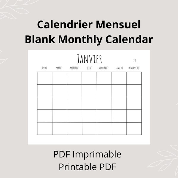 Calendrier Mensuel, Blank Monthly Calendar, French, Français, 11 x 8.5 inches, Simple